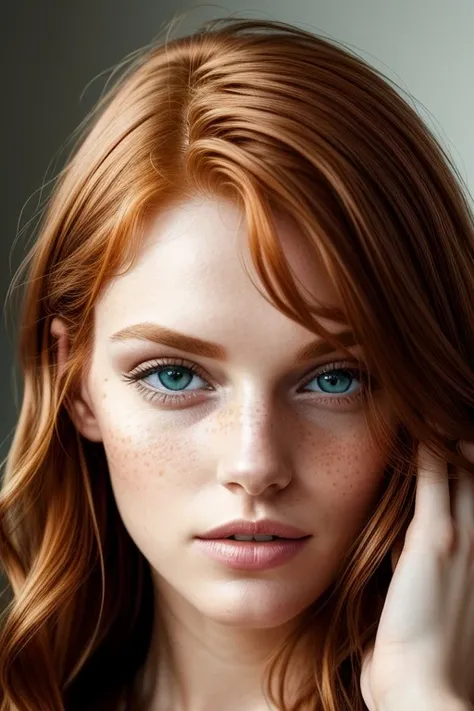 (close-up editorial photo of 20 yo woman, ginger hair, slim American sweetheart), (freckles:0.8), (lips parted), realistic green eyes, POV, realistic[:, (film grain, 25mm, f/1.2, dof, bokeh, beautiful symmetrical face, perfect sparkling eyes, well defined ...