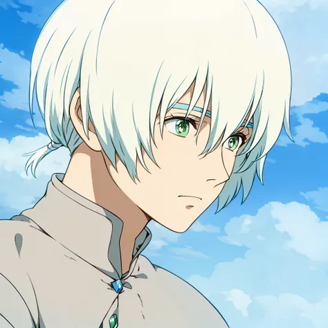 1boy, male focus, solo, (green eyes), white hair, blue sky, depth of field, outdoors, closed mouth, eyebrows visible through hair, hair between eyes, hayao miyazaki, ((masterpiece)), (extremely detailed CG unity 8k wallpaper), best quality, cinematic light...