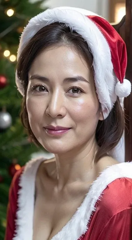 Sharpen, Background without shades of color, ((up of face:1.3)), gravure, masutepiece, Best Quality, Ultra-detailed, Photorealistic, super detailed skin, Perfect Anatomy, (1 japanese mature woman), (Solo), 78 years old, Old age, Christmas、Christmas tree、Sa...