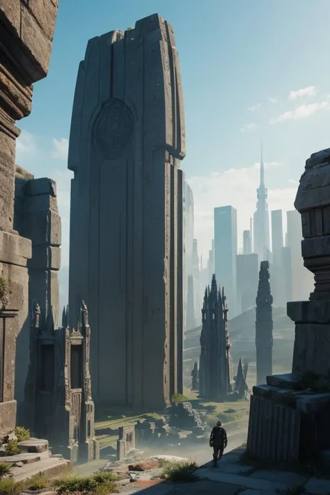 Complex stone structures in a futuristic city