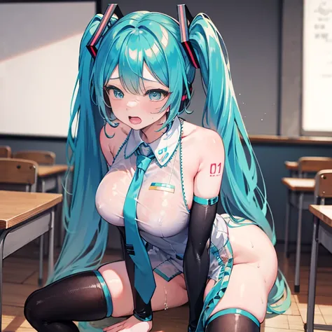 NSFW，miku hatsune，high-level image quality，red blush，Girl trembling with sexual climax，legs up，Sweat，AHE Face，complete fingers，‎Classroom，Large crowds，Attention，lie down，cum on clothes，Bukkake，