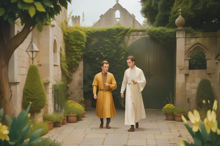 1136, Kingsbridge, England. otherworldly scene in a monastery garden, ((((27-year-old)) Richard Rankin)), prior monk, walking, taking to another priest, ((((poor plain tunic from the 12th century)))), ((Hairstyle of the 12th century)), ((Wes Anderson cinem...