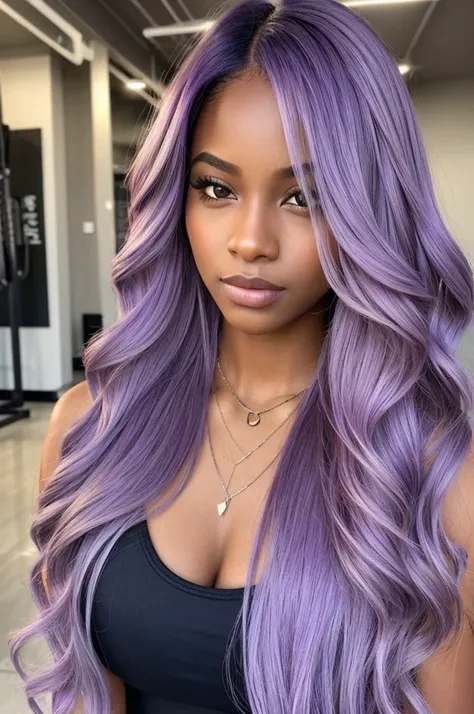 a dark brown woman with long lavender hair and a necklace, dark skin tone with bronze tone, doll like face, Asian eyes, wearing athlete outfit, pink lips, posing in gym, thick body type, long wavy lavender hair, lavender flowing hair, lavender hair portrai...