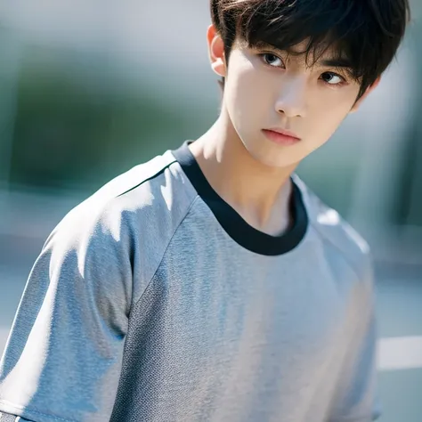 solo, looking_at_viewer, short_hair, bangs, shirt, black_hair, 1boy, closed_mouth, upper_body, male_focus, blurry, black_eyes, lips, expressionless, portrait, sportswear, realistic