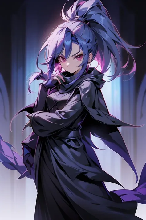 Mysterious female ninja in her late 20s.、Wear less revealing clothing、long black hair in a ponytail、dark blue cloak and hood、crimson scarf、Cover your mouth with a scarf、Cold expression、slender and tall、arma: very thin steel wire、Only one eye is contiguous、...