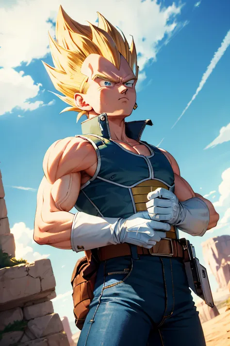 (masterpiece, best quality: 1.2), cowboy shot, solo, male focus, 1boy, vegeta, serious, looking at the viewer, spiked blonde hair, green eyes, armor, white gloves