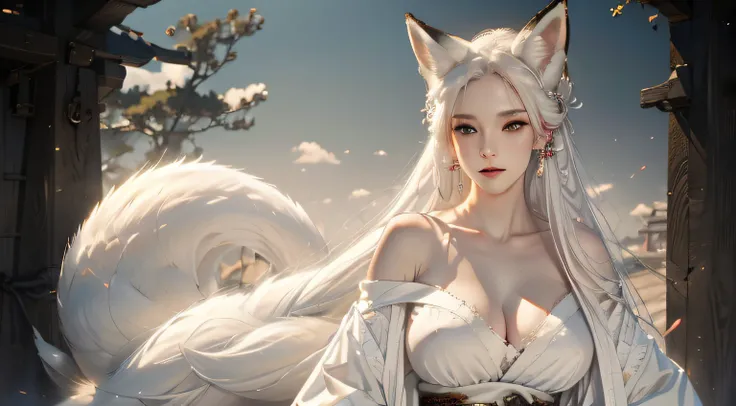 White-haired kitsune with fox ears in medieval clothes, huge big breasts visible, looking at the viewer, directly from the front, soft-lighting, hiquality, full length professional lighting, visible legs, s face, 가슴, Detailed Fantasy, Medieval times