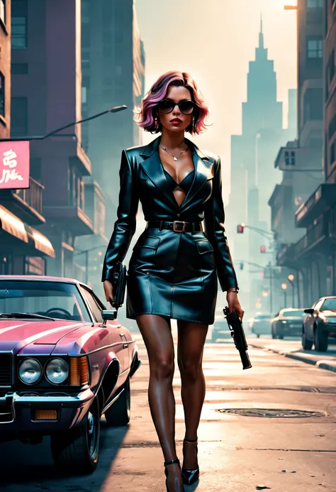 GTA style，grand theft auto ，heroines，Stylish accessories、(shotgun)、The Car，Future city streets，retro artstyle，shadows  and highlights，hight contrast，crime and danger、Tension and suspense、avant-garde and ralowing reflections、glomy、evocative composition。(bes...