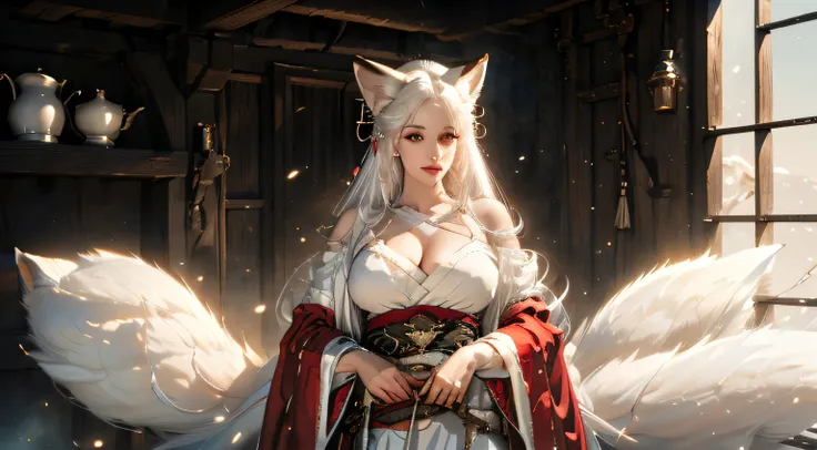 White-haired kitsune with fox ears in medieval clothes, huge big breasts visible, looking at the viewer, directly from the front, soft-lighting, hiquality, full length professional lighting, visible legs, s face, 가슴, Detailed Fantasy, Medieval times