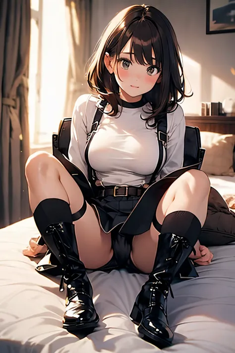 Brown hair、watching at viewers　　　black suspenders　　　Bulging big breasts　　 　 　　　walls: 　Black miniskirt　garters　　　　　　Gaze　　　Small face　bangss 　　　holster　　　Beautuful Women　　hands up　　Leg holster lying on the bed　　Gaze 　black boots panty shot