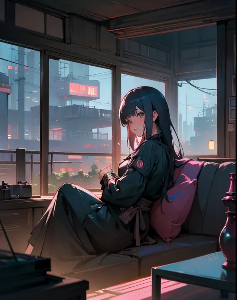 there a woman sitting on a couch in a living room, set in tokyo rooftop, in a japanese apartment, in a rooftop, in a cyberpunk setting, anime style mixed with fujifilm, cyberpunk setting, in a old house. hyper realistic, lofi portrait at a window, cozy pla...