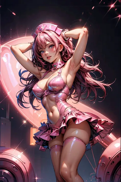 anime girl in shiny pink latex tube dress posing for camera, showing lots of skin, seductive anime girl, beautiful woman, excited and blushing, detailed face, (nurse hat), long pink hair, looking down at camera, 8k, very detailed, (visible string thong), c...