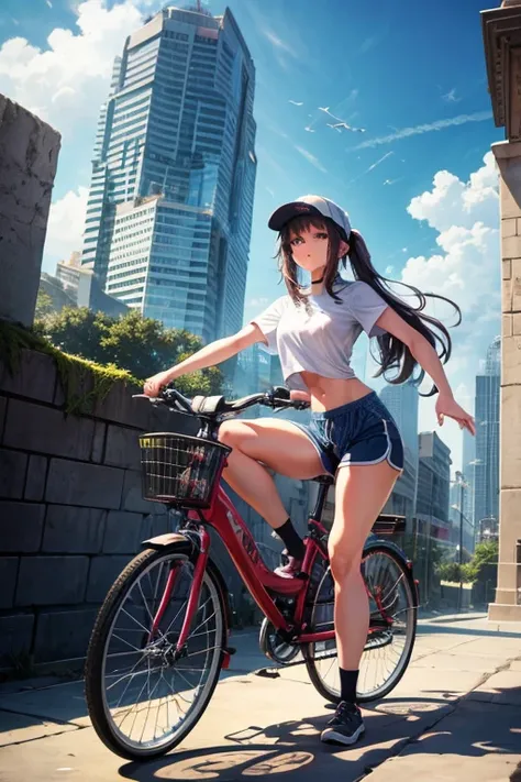 a girl rides a bicycle, dolphin shorts, Complex stone structures in a futuristic city