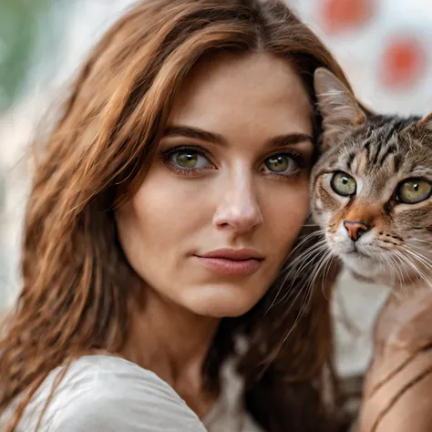 hazel eyed cat protecting a beautiful brunette woman staring straight at camera snuggling cheeks (masterpiece: 1.5) (photorealis...