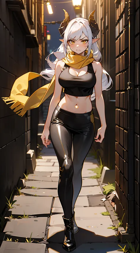 1girl,20s,mature female,long hair, white hair,curly hair,yellow eyes,(angry face), medium breasts,show belly,cleavage,horns,elf ears,((yellow scarf)),(((walking in an alley of a city at night,night))),cowboy shot,from front,(black tank top,black pencil ski...