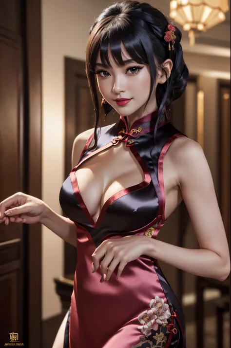 ((Best Quality, 8K, masutepiece: 1.3)), Super beautiful like the real thing)1(Beautiful breasts:1.3), (Abs, Slender figure: 1.1), Sharp Focus, (((Intricate details)), high detailing, Upper body, One black twin bun hair with bangs, (Luxury Satin Cleavage Cu...