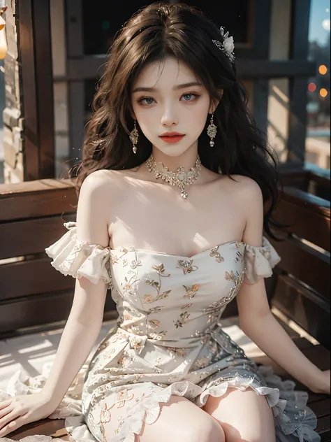 Special clothes46,strapless dress,fashi-girl, red lips, mature female, makeup, Big eyes, Pretty eyes, ((full body)), ((Random shooting angles)), (best quality, masterpiece:1.2), ultra-detailed, (realistic:1.37), beautiful, youthful, glamorous model with (d...