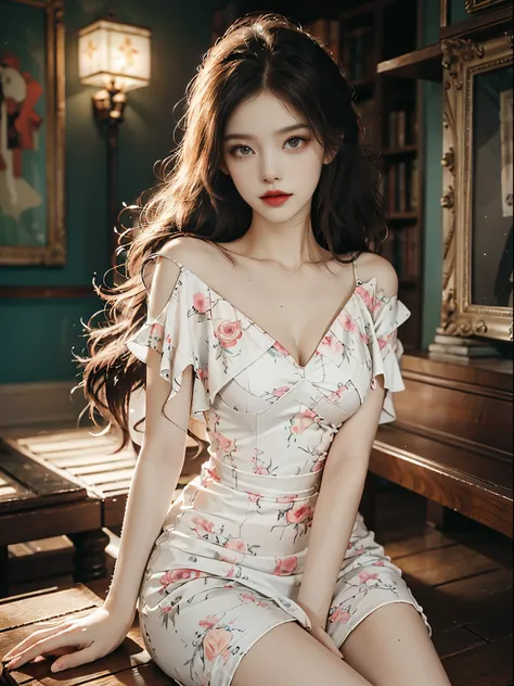 print dress,off shoulder,,fashi-girl, red lips, mature female, makeup, big eyes, pretty eyes, ((full body)), ((random shooting a...