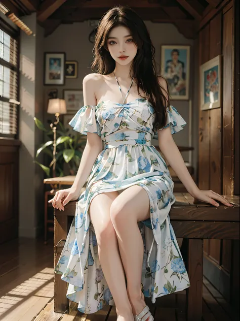 bare shoulders, dress,fashi-girl, red lips, mature female, makeup, big eyes, pretty eyes, ((full body)), ((random shooting angle...