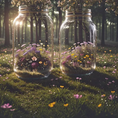 (An intricate magical meadow trapped in a jar), atmospheric Oliva lighting, enchanting forest, 4k UHD, dark vibes, sparkling lights, flowers, hyper detailed, vibrant colors forest background, epic composition, octane render, sharp focus, high resolution is...