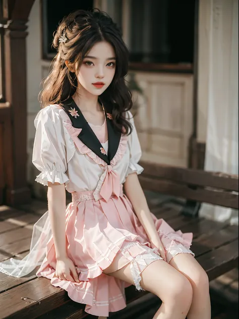 pleated skirt,pink skirt,pink sailor collar,fashi-girl, red lips, mature female, makeup, Big eyes, Pretty eyes, ((full body)), ((Random shooting angles)), (best quality, masterpiece:1.2), ultra-detailed, (realistic:1.37), beautiful, youthful, glamorous mod...