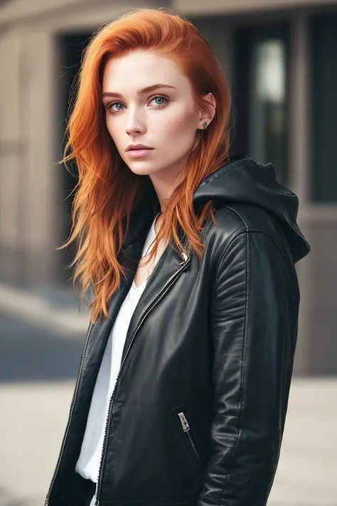 a photo of a seductive woman with loose styled (redhead hair:1.1), bored, she  wearing a hoodie and black leather jacket, mascara, (textured skin, skin pores:1.1), (moles:0.8), imperfect skin, goosebumps, flawless face, (light freckles:0.9), (sun-kissed:1....