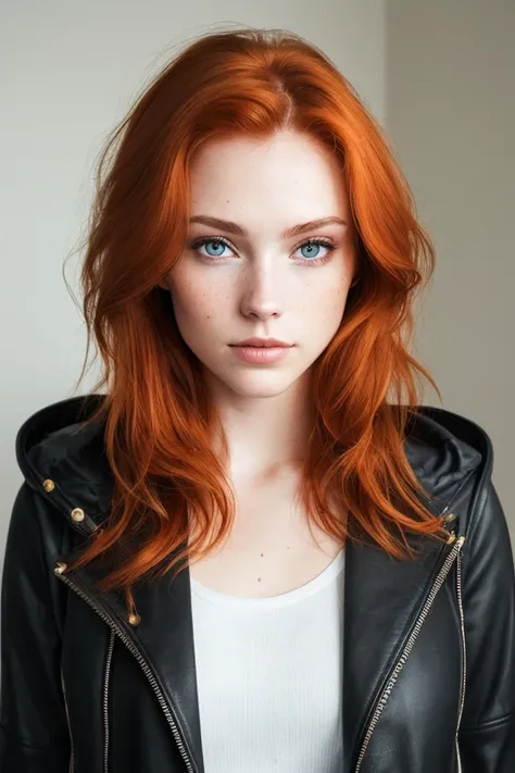 a photo of a seductive woman with loose styled (redhead hair:1.1), bored, she  wearing a hoodie and black leather jacket, mascara, (textured skin, skin pores:1.1), (moles:0.8), imperfect skin, goosebumps, flawless face, (light freckles:0.9), (sun-kissed:1....