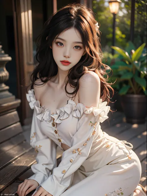 special clothes34,bare shoulders,shirt,fashi-girl, red lips, mature female, makeup, big eyes, pretty eyes, ((full body)), ((rand...