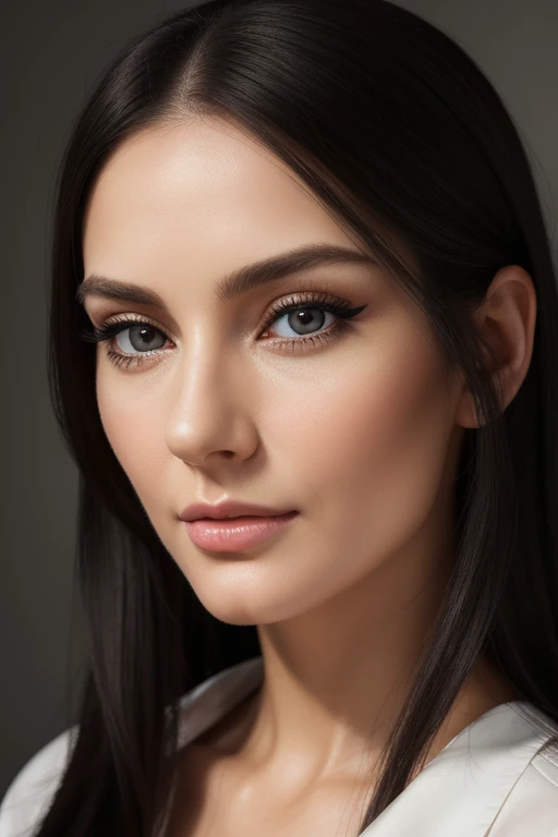 there  a woman with long black hair and a white shirt, a photorealistic painting inspired by Emma Andijewska, reddit, hyperrealism, detailed flawless face, sexy face with full makeup, detailed and perfect face, full face close up portrait, soft portrait sh...