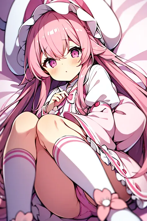 Dreamy shiny pink braids，Long white rabbit ears，Pink sailor suit，White  socks，White loose antique clothing，The eyes are pink，Its a cute girl