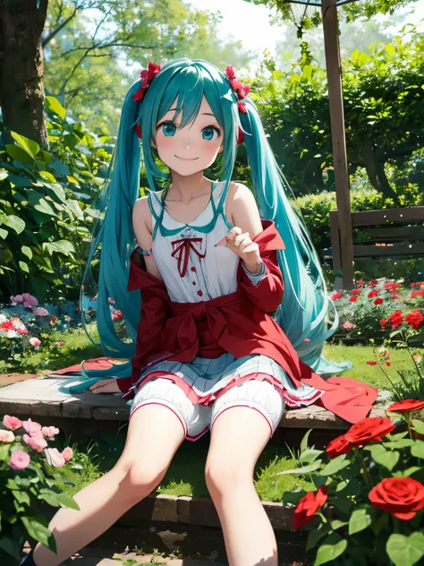 miku hatsune,10yaers old,red riding hood,Play Party,A sly smile,Flower Garden,hachikuji mayoi