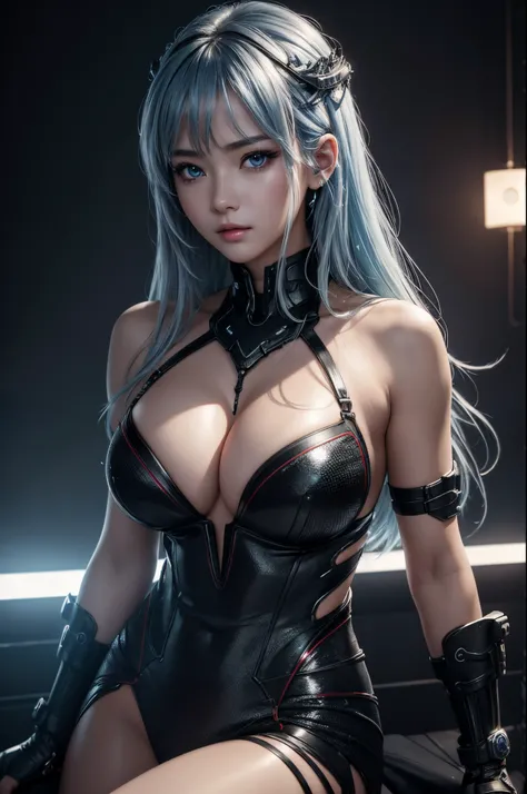 top-quality、8K Masterpiece、超A high resolution、(Photorealsitic:1.3)、1 live child、Blue-silver hair、glowy skin、1 Cyberpunk big breasted super beautiful soldier、((super realistic details))、portlate、globalillumination、Shadow、octan render、8K、ultrasharp、beauty br...