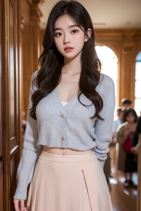 Extremely detailed CG unity 8k wallpaper、quality、ultra - detailed、masterpiece、Realistic、photoreali、Very detailed cute girl、young 17 years old、((Lift up your skirt yourself)))、(Skirt cracks)、Upp、focal、Red blush、Open lips、looking at viewert、Semi-body shot、(b...