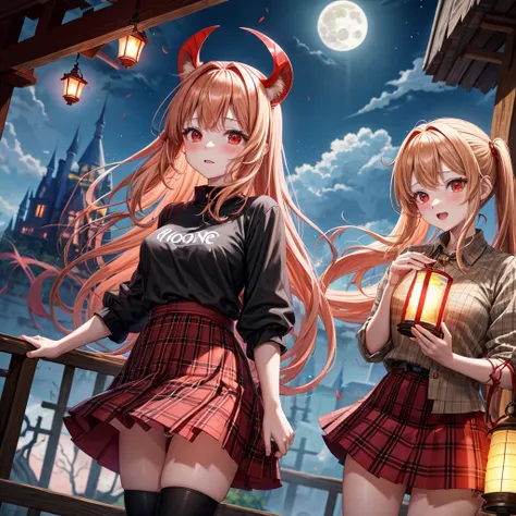 Red-blonde、poneyTail、red eyes、one good looking girl、独奏、animesque、lightly dressed、Plaid miniskirt、wetting hair、Black T-shirt、rotting wood、fullmoon、monster castle、lantern、Flying sparks