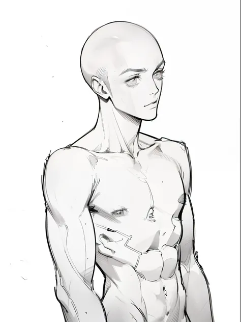 best quality, high resolution, (((clean background))), high contrast, line-drawing, monochromes, sketch, Pencil drawing, comic strip、manga comics, white background, clean line drawings, vibrant colors, undress, (((boy, solo, proportional body))), (((bald))...