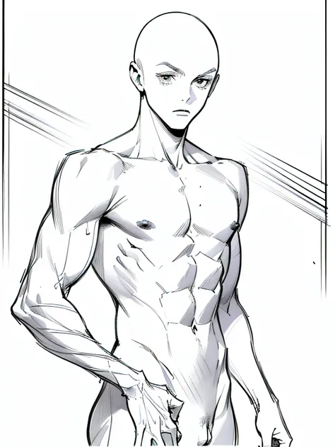 best quality, high resolution, (((clean background))), high contrast, line-drawing, monochromes, sketch, Pencil drawing, comic strip、manga comics, white background, clean line drawings, vibrant colors, undress, (((boy, solo, proportional body))), (((bald))...