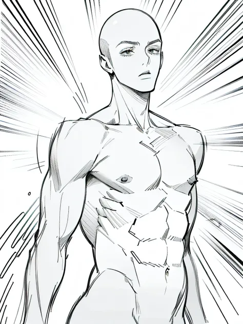 best quality, high resolution, (((clean background))), high contrast, line-drawing, monochromes, sketch, Pencil drawing, comic strip、manga comics, white background, clean line drawings, vibrant colors, undress, (((boy, solo, proportional body))), (((bald))...