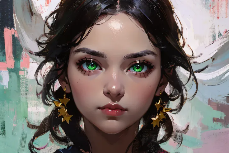 Real Human，photorealestic，Handsome face，Extremely detailed cinematic effects，soothing tones，insanely details，intricately details，ultra - detailed，（A 25-year-old girl，Serious expressions），The eyes glow green（Star-like eyes），Extremely beautiful face