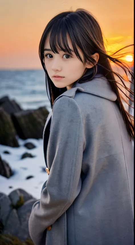 (I wore my long winter coat and scarf with my bangs flowing.、Close-up of a slender small-breasted dark silver long-haired girl:1.5)、(A girl turns around with a very sad face, Her hair blows in the wind on the winter beach:1.5)、(Blurry background:1.5)、(red ...