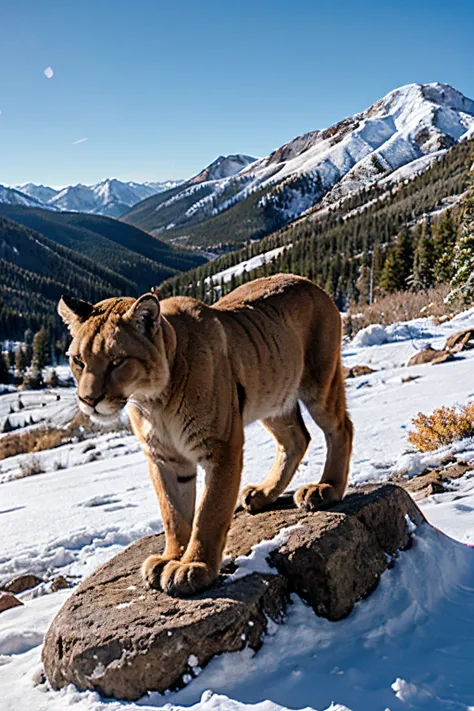 Mountain Lion in a Colorado Mountain with snow on the top Background