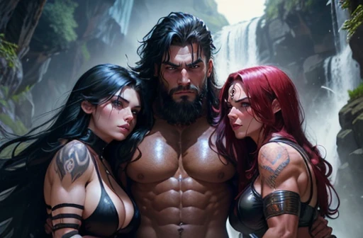 Muscular Handsome short-haired barbarian man absolutely surrounded and being hugged and touched by (((three))) sexy Goth witch women, wrestling , hugging, tackling, Flirtatious, under a waterfall, sexual, kissing, sexualized positions, glowing glistening w...