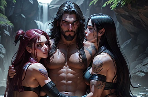 Muscular Handsome short-haired barbarian man absolutely surrounded and being hugged and touched by (((three))) sexy Goth witch women, wrestling , hugging, tackling, Flirtatious, under a waterfall, sexual, kissing, sexualized positions, glowing glistening w...