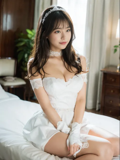 ((NSFW)),　((1.femele, Solo)), Highly detailed CG Unity 8K wallpapers、top-quality、ultra-detailliert、​masterpiece、realisitic、Photorealistic highly detailed cute girl、(25-years old)、red blush、round idium chest、cleavage of the breast、Semi-body shots、White wedd...