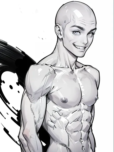 best quality, high resolution, (((clean background))), high contrast, line-drawing, monochromes, sketch, Pencil drawing, comic strip、manga comics, white background, clean line drawings, vibrant colors, undress, (((boy, solo, thin body))), (((bald))), ((nau...