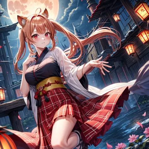 Red-blonde、poneyTail、red eyes、one good looking girl、独奏、animesque、lightly dressed、Plaid miniskirt、wetting hair、kimono、rotting wood、fullmoon、monster castle、lantern、A large amount of blue sparks raining down