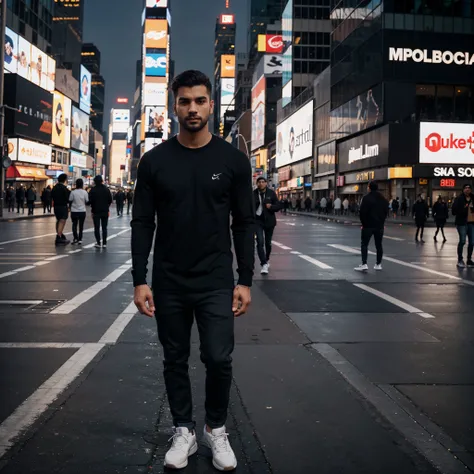 DIV, a young aesthetic handsome man with sharp facial features and light beard wearing stylish casual clothes, muscular fitting full sleeve black tshirt, full body shot, nike jordans, wearing Apple Watch, standing in the middle of Times Square in New York,...