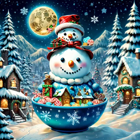 (tmasterpiece),（ultra - detailed: 1.3），Best quality，glittery，Fantasy Christmas World，(Christmas in the style of Van Gogh: 1.5), themoon，(Snowy night in Christmas town)，((Cute vector snowman holding a book and a bag of candy, Pour the snowflakes into a bowl...