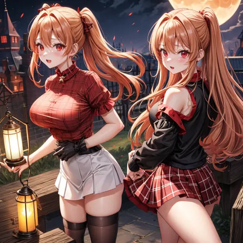 Red-blonde、poneyTail、red eyes、one good looking girl、独奏、animesque、lightly dressed、Plaid miniskirt、wetting hair、Black T-shirt、rotting wood、fullmoon、monster castle、lantern、A large amount of flame pouring down