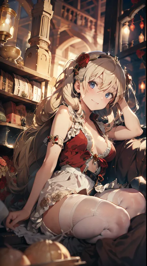 (The highest image quality, master piece:1.2), (Ultra Definition Illustration), (NSFW:1.3), (very cute little queen, 15yo:1.3), (1 girl:1.2), Solo, (shoot from very below:1.3) ,(condescending look:1.3) NSFW, sleeveless, armpits, arms behind head, embarrass...