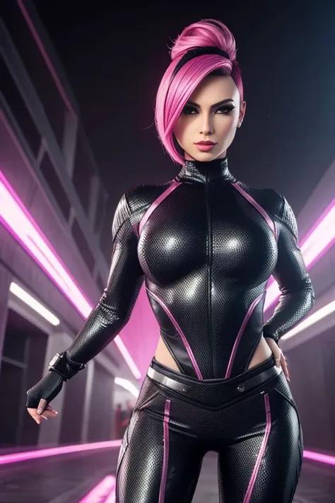 4k highly detailed realistic female supervillain dressed in cropped carbon fiber, pink hair in a short undercut bob hairstyle, hair covering one eye, ((sharp Jawline)), (full body Including Legs), Seduction and fantastic poses